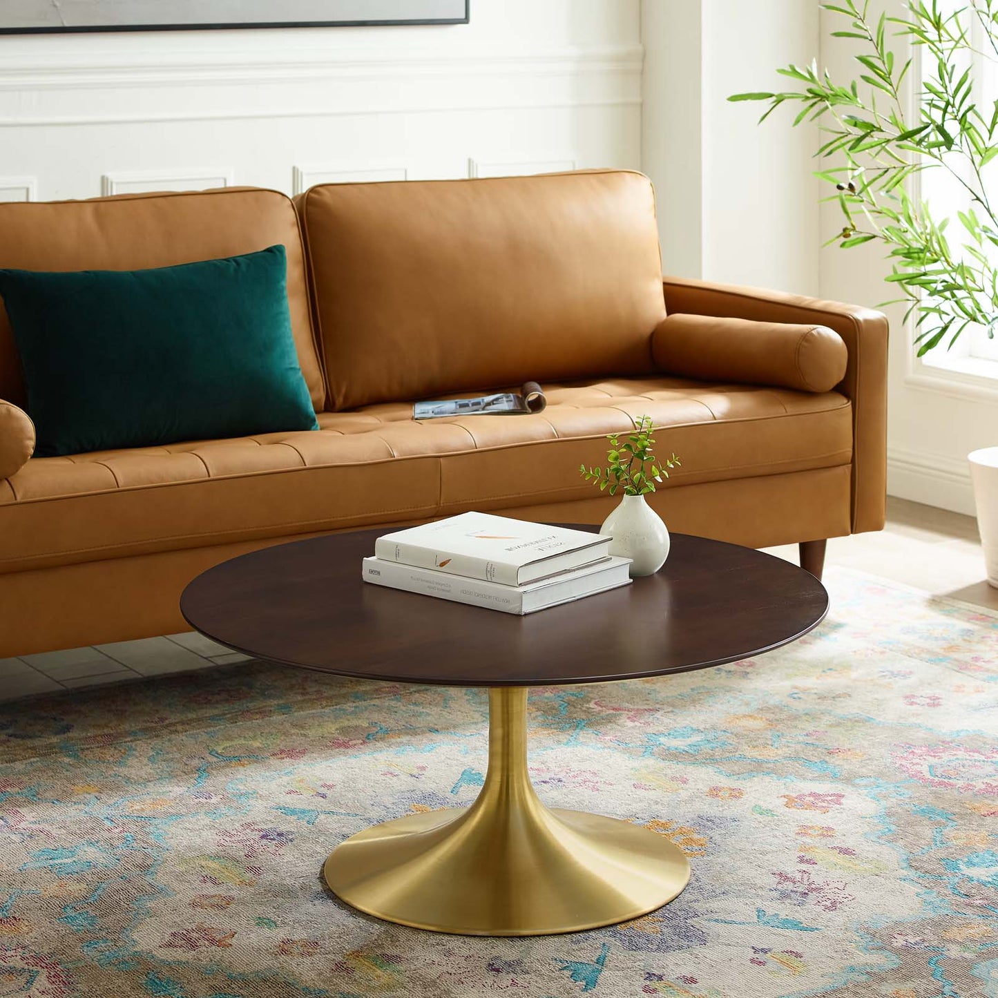Lippa 36" Wood Coffee Table, Wood, Metal Steel, Gold Dark Brown Brown Walnut, 20942