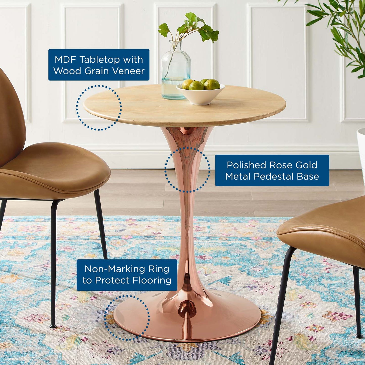 Lippa 28" Wood Dining Table, Wood, Rose Gold Brown Natural, 20944