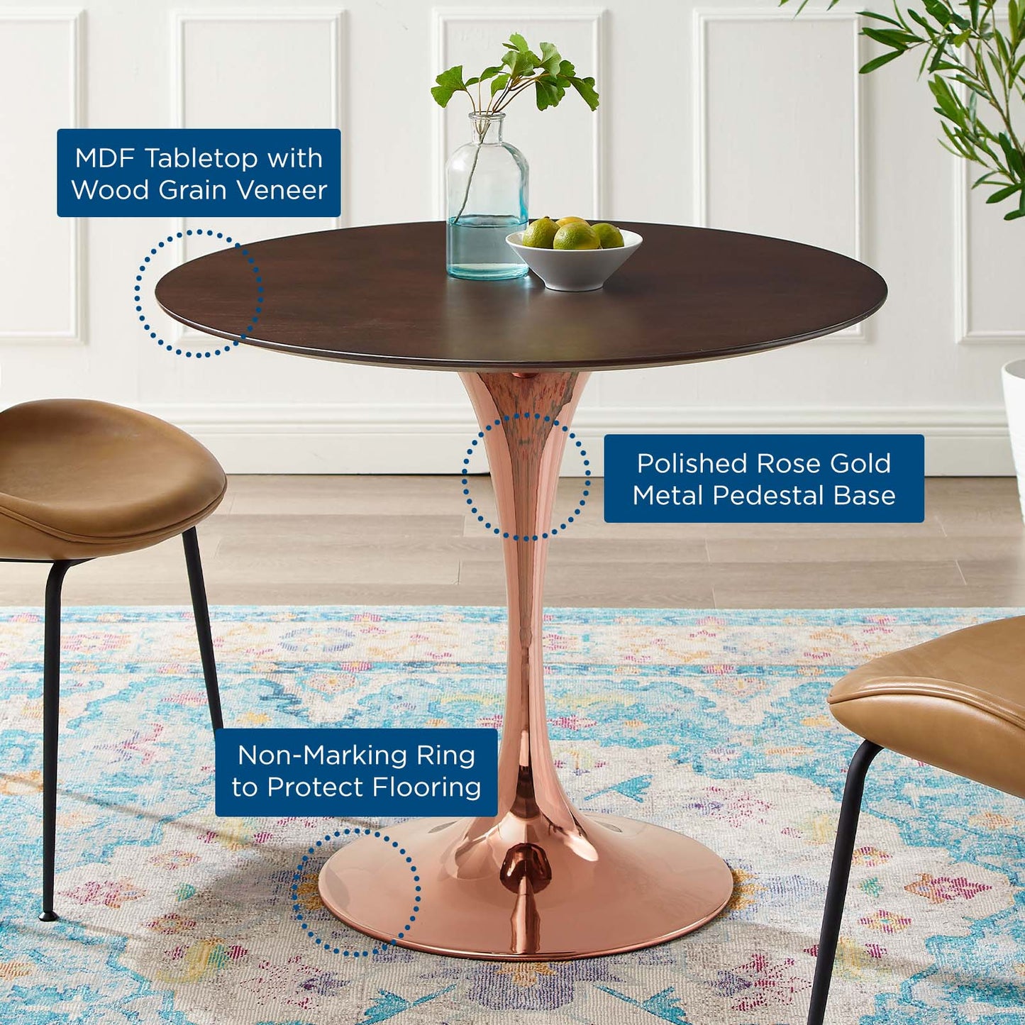 Lippa 36" Wood Dining Table, Wood, Rose Gold Dark Brown Brown Walnut, 20945