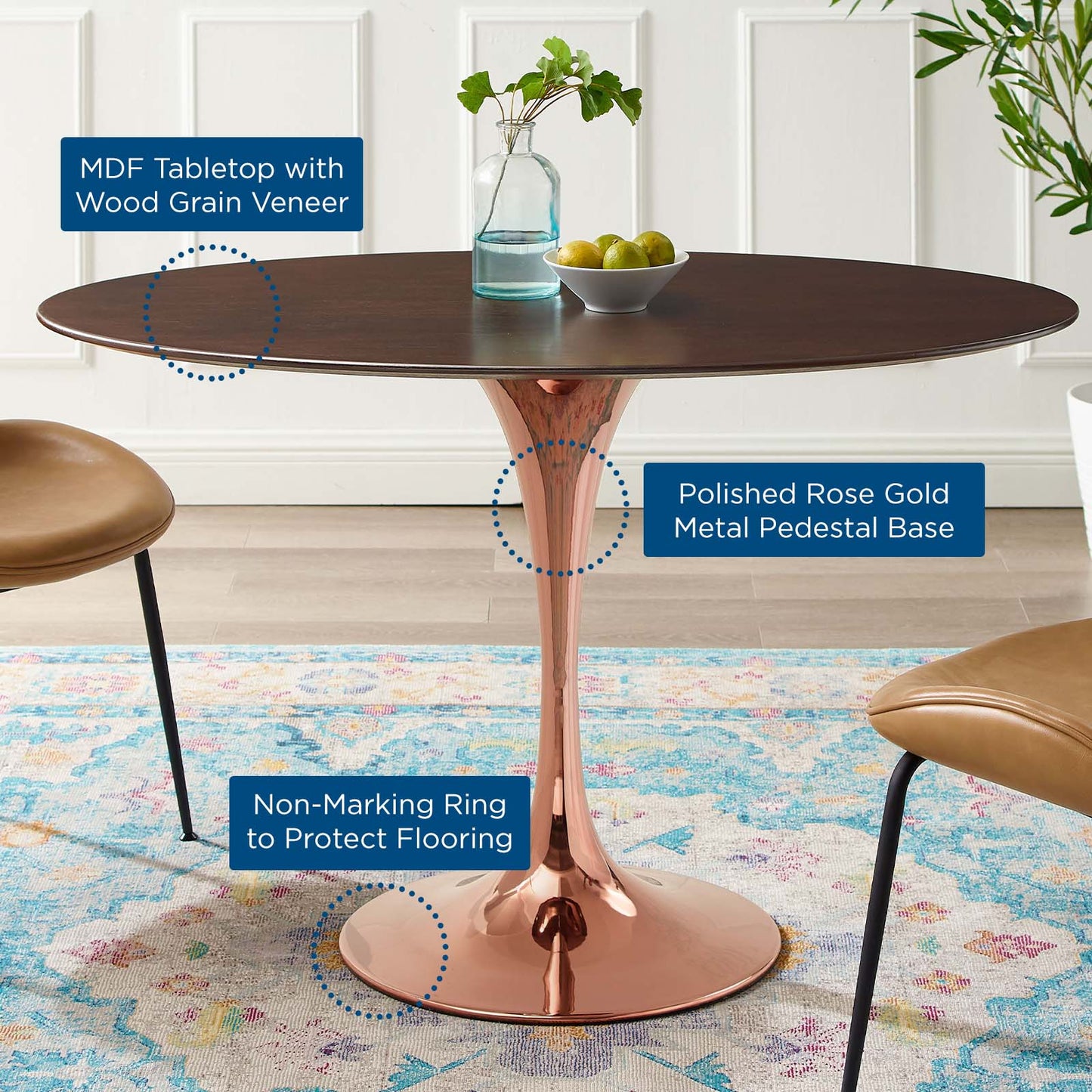 Lippa 47" Oval Wood Dining Table, Wood, Rose Gold Dark Brown Brown Walnut, 20947