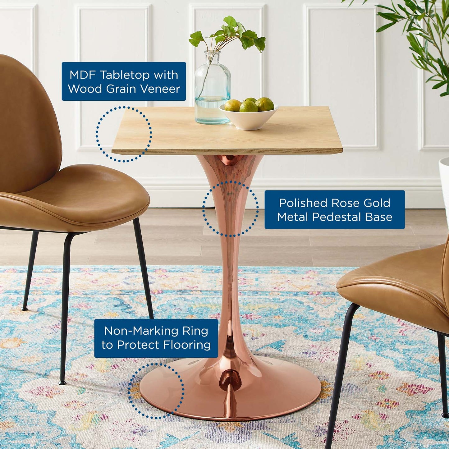 Lippa 24" Square Wood Dining Table, Wood, Rose Gold Brown Natural, 20950