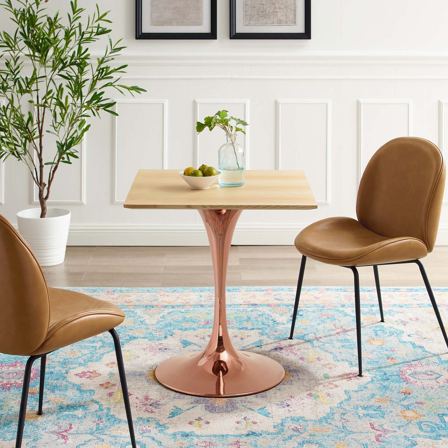 Lippa 28" Square Wood Dining Table, Wood, Rose Gold Brown Natural, 20952