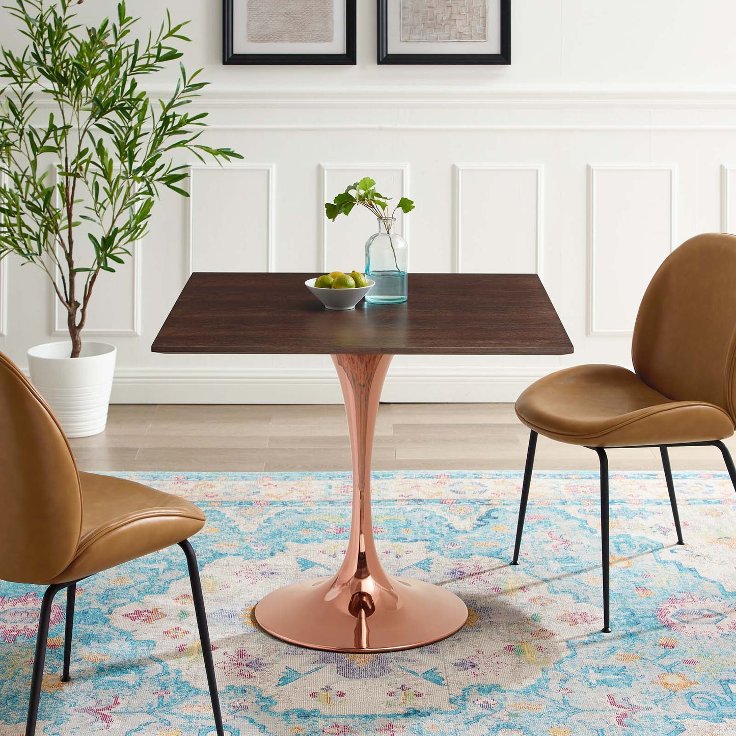 Lippa 36" Square Wood Dining Table, Wood, Rose Gold Dark Brown Brown Walnut, 20953