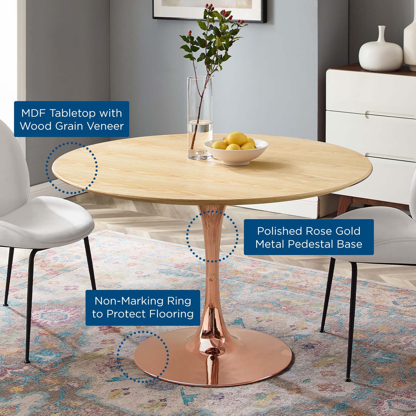 Lippa 47" Wood Dining Table, Wood, Rose Gold Brown Natural, 20962