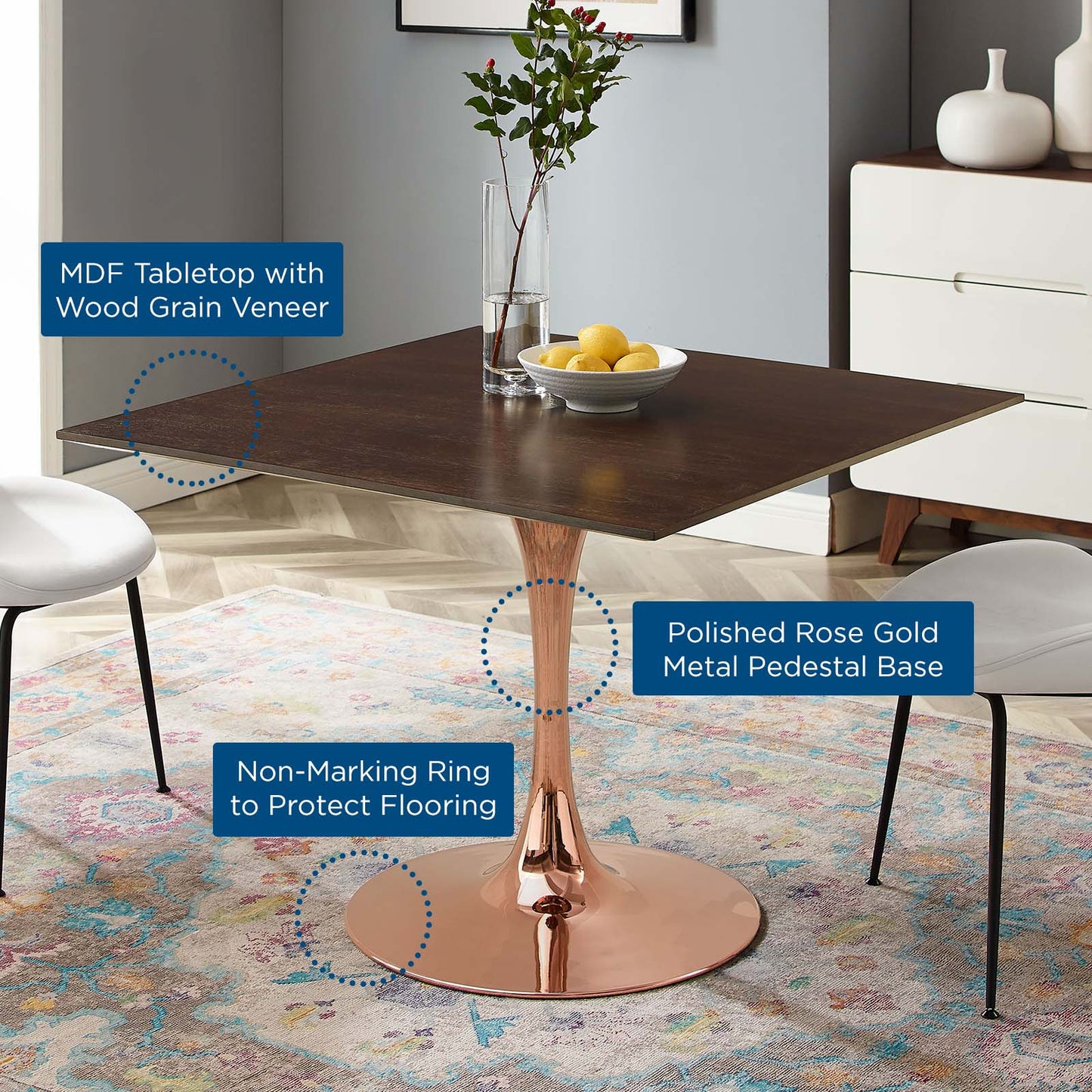 Lippa 40" Square Wood Dining Table, Wood, Rose Gold Dark Brown Brown Walnut, 20965