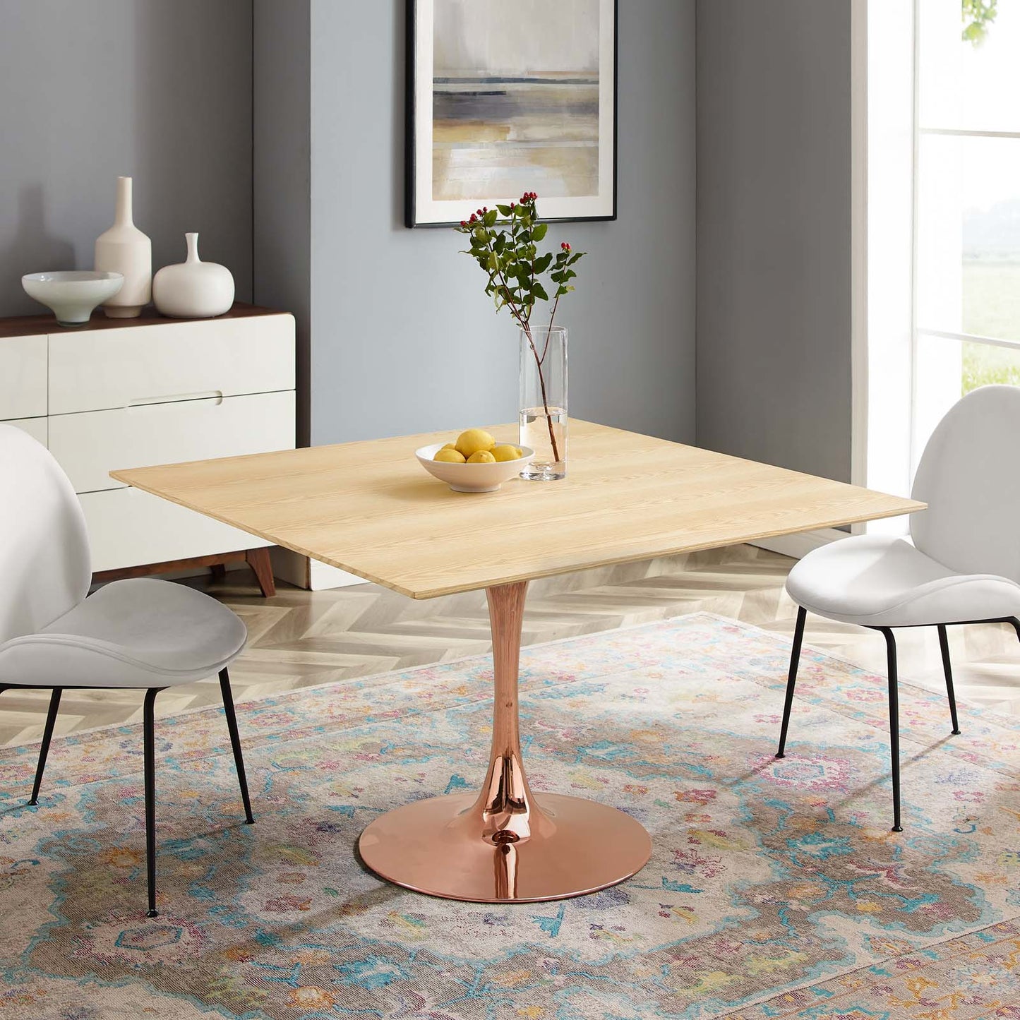Lippa 47" Square Wood Dining Table, Wood, Rose Gold Brown Natural, 20968