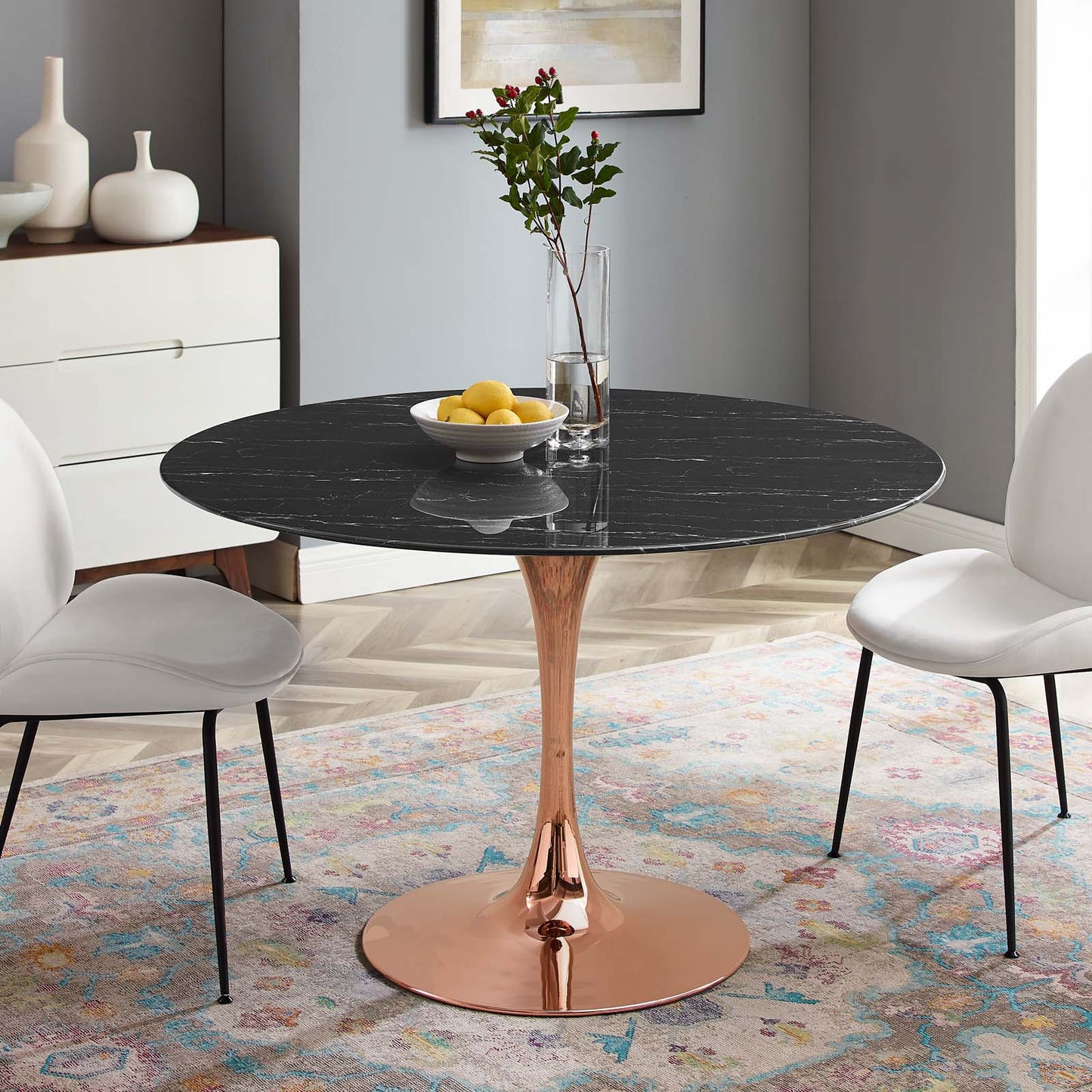 Lippa 47" Artificial Marble Dining Table, Artificial Marble, Metal Steel, Rose Gold Black, 20970