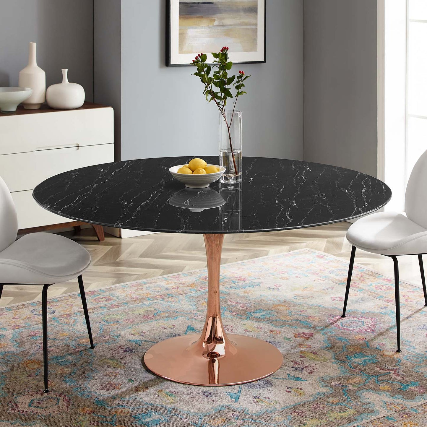 Lippa 60" Artificial Marble Dining Table, Artificial Marble, Metal Steel, Rose Gold Black, 20972