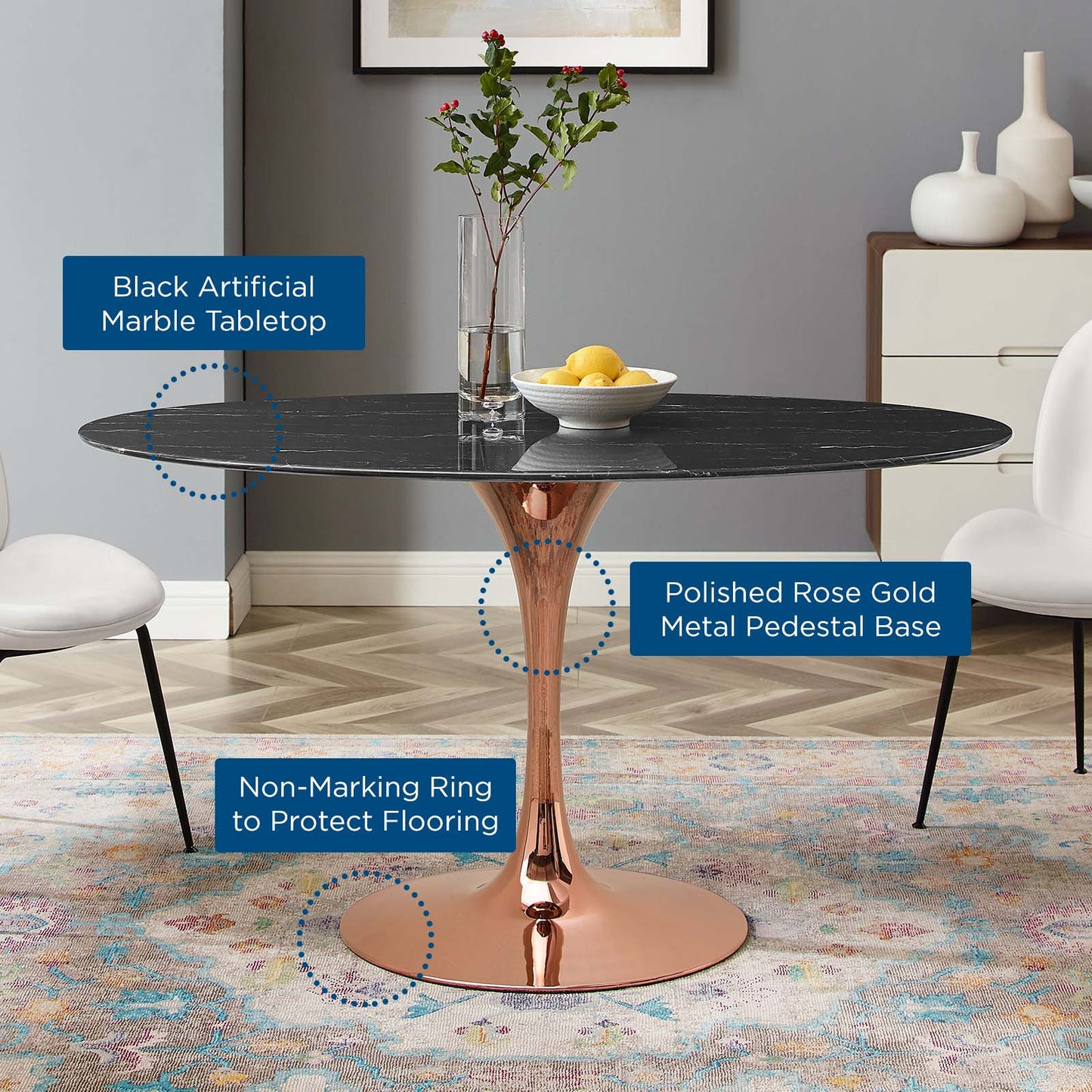 Lippa 54" Oval Artificial Marble Dining Table, Artificial Marble, Metal Steel, Rose Gold Black, 20973