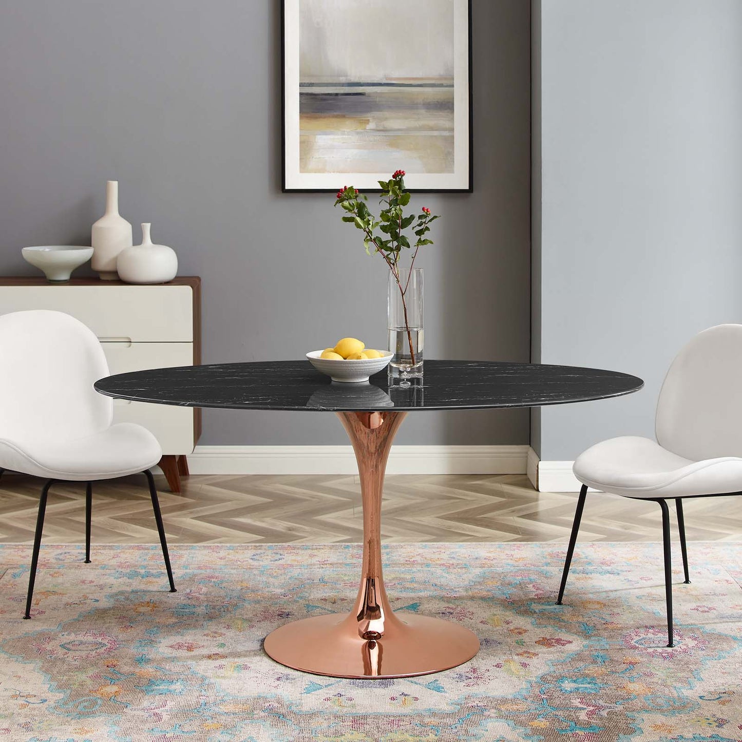 Lippa 60" Oval Artificial Marble Dining Table, Artificial Marble, Metal Steel, Rose Gold Black, 20974