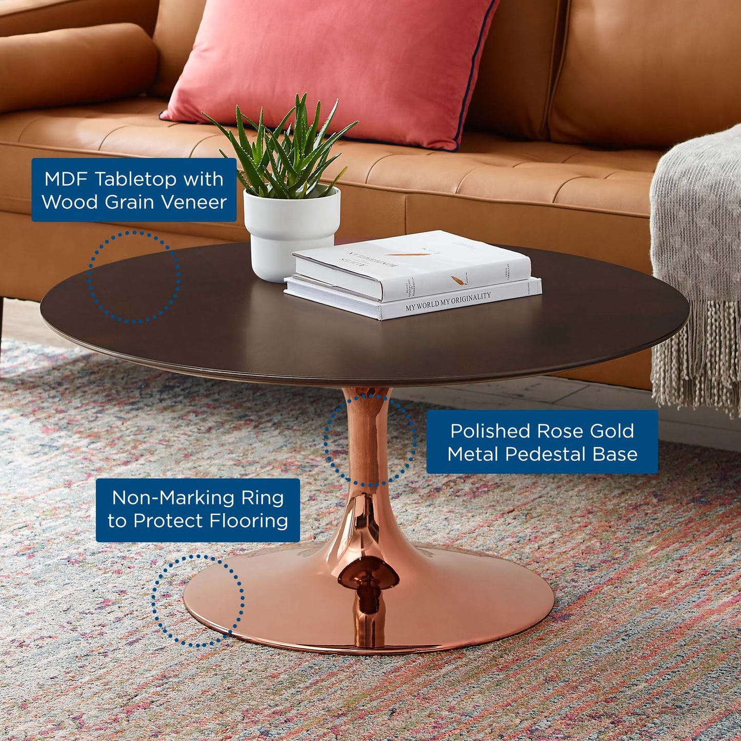 Lippa 36" Wood Coffee Table, Wood, Metal Steel, Rose Gold Dark Brown Brown Walnut, 20975