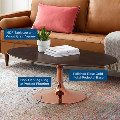 Lippa 36" Oval Wood Coffee Table, Wood, Metal Steel, Rose Gold Dark Brown Brown Walnut, 20977
