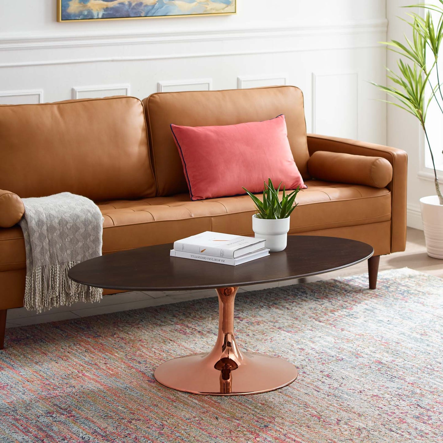 Lippa 36" Oval Wood Coffee Table, Wood, Metal Steel, Rose Gold Dark Brown Brown Walnut, 20977