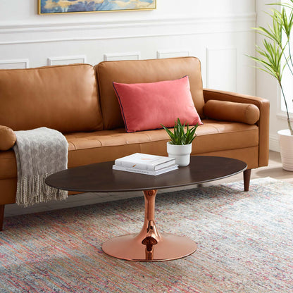 Lippa 36" Oval Wood Coffee Table, Wood, Metal Steel, Rose Gold Dark Brown Brown Walnut, 20977