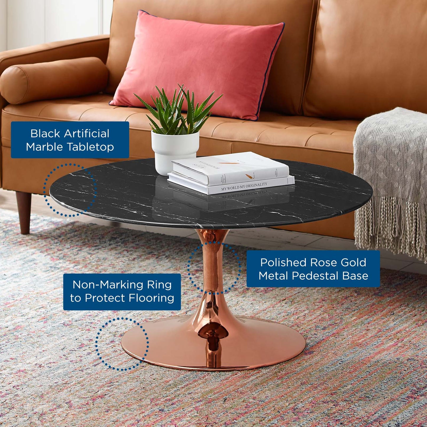 Lippa 36" Artificial Marble Coffee Table, Artificial Marble, Metal Steel, Rose Gold Black, 20979
