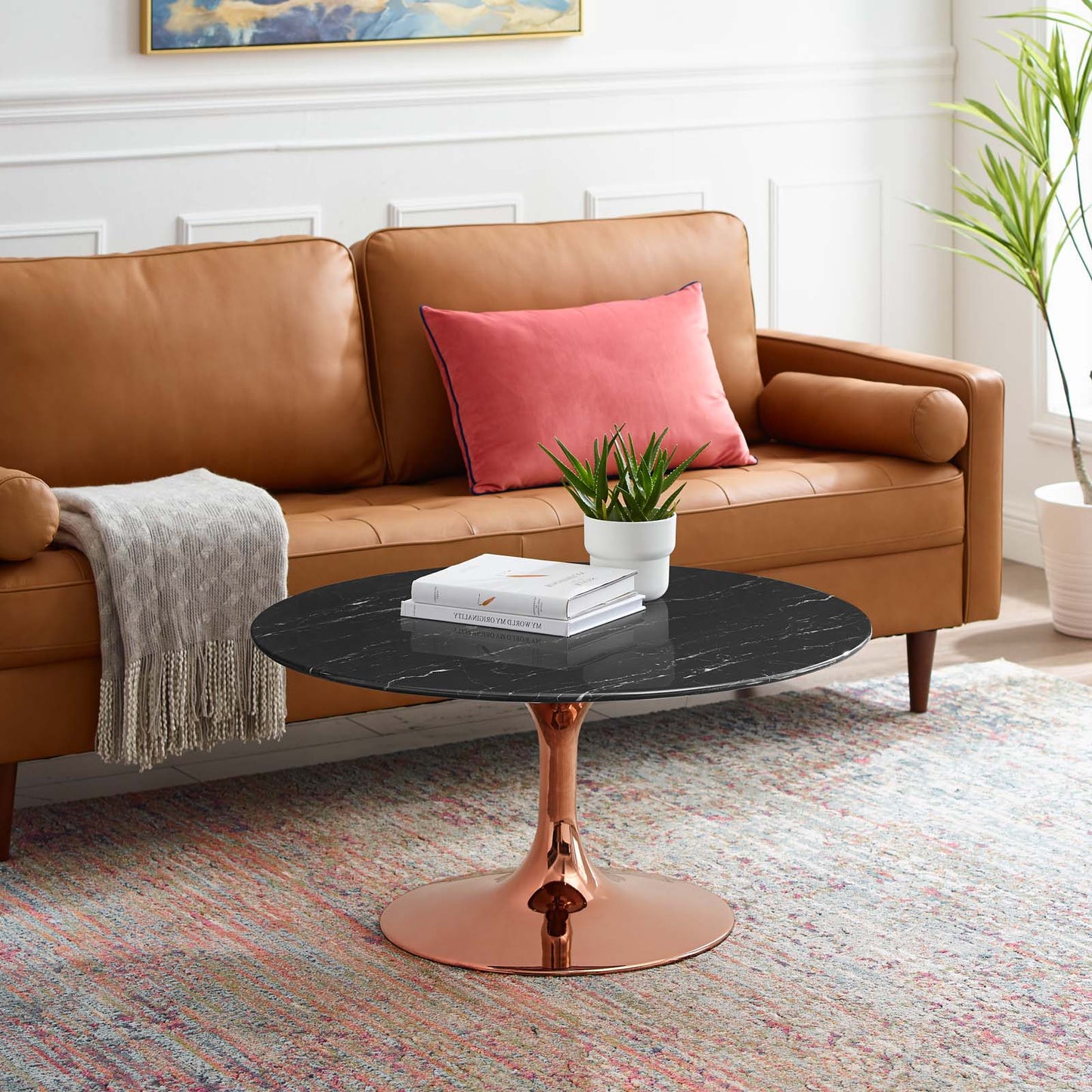 Lippa 36" Artificial Marble Coffee Table, Artificial Marble, Metal Steel, Rose Gold Black, 20979