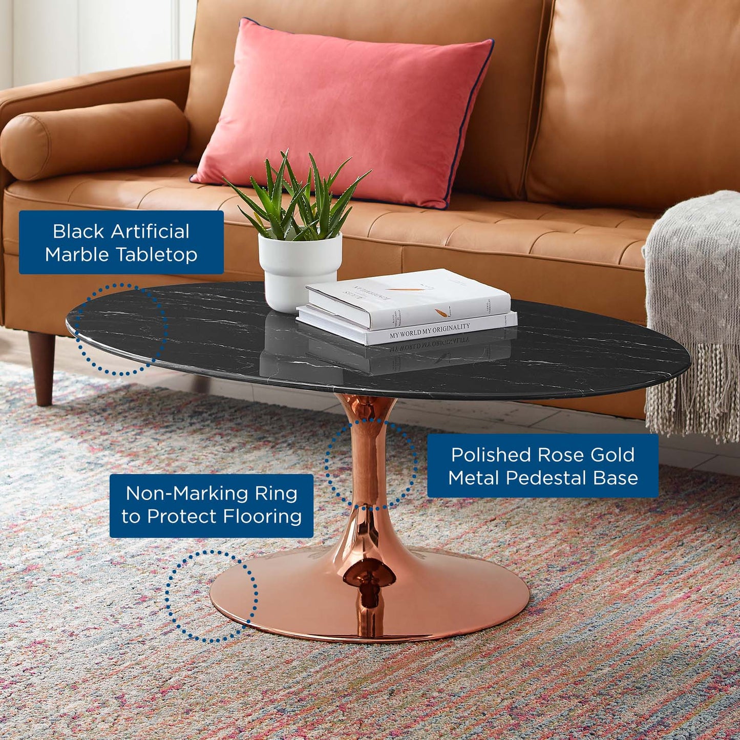 Lippa 42" Oval Artificial Marble Coffee Table, Artificial Marble, Metal Steel, Rose Gold Black, 20980