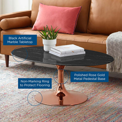 Lippa 42" Oval Artificial Marble Coffee Table, Artificial Marble, Metal Steel, Rose Gold Black, 20980