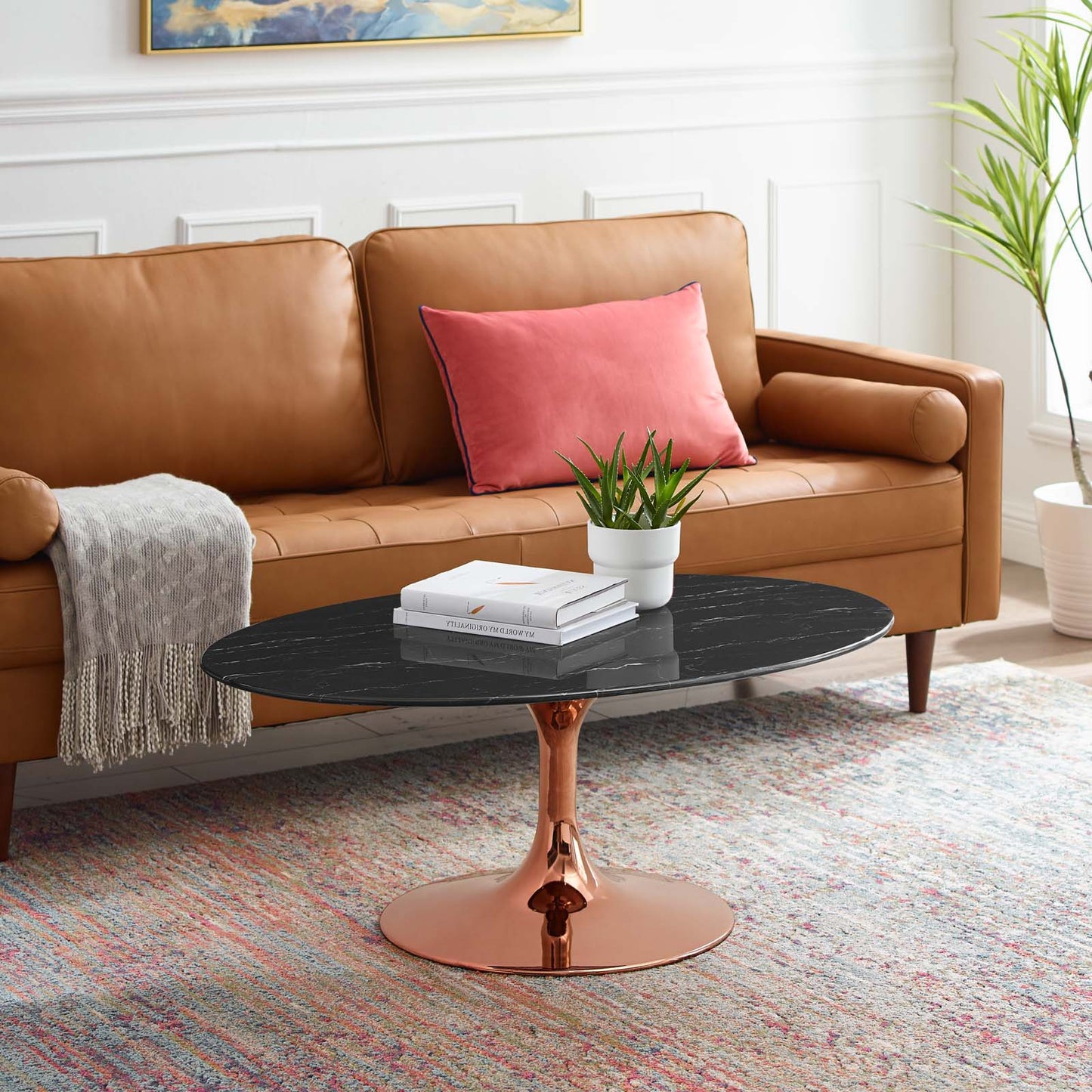 Lippa 42" Oval Artificial Marble Coffee Table, Artificial Marble, Metal Steel, Rose Gold Black, 20980