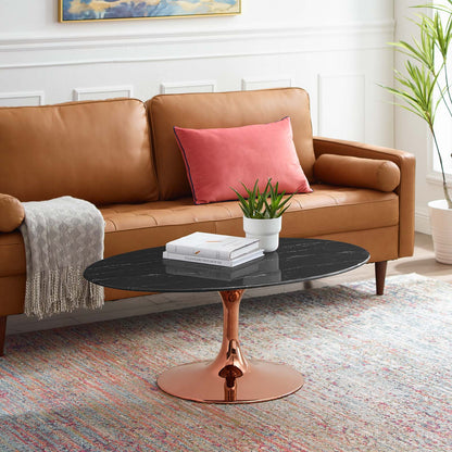 Lippa 42" Oval Artificial Marble Coffee Table, Artificial Marble, Metal Steel, Rose Gold Black, 20980