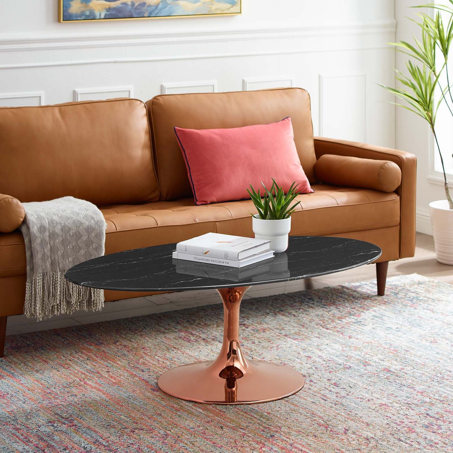 Lippa 48" Oval Artificial Marble Coffee Table, Artificial Marble, Metal Steel, Rose Gold Black, 20981