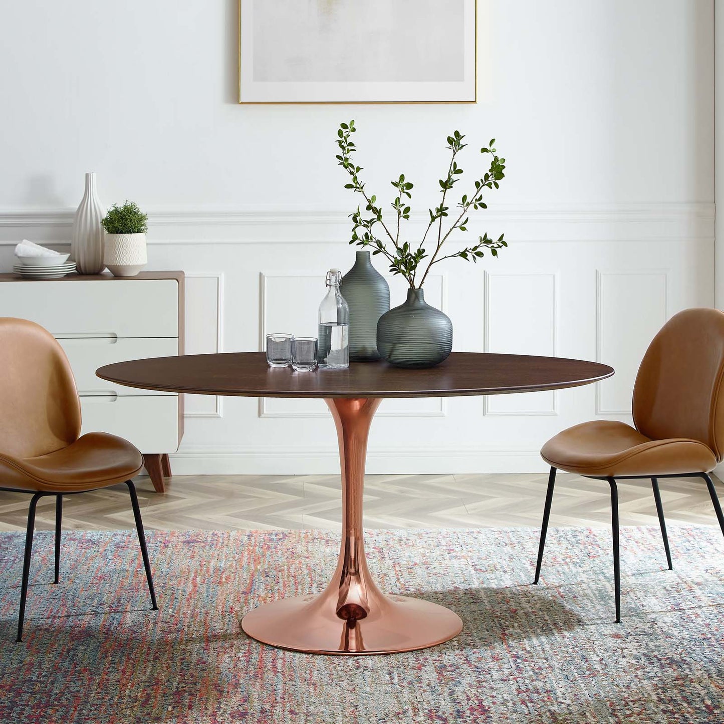 Lippa 60" Oval Wood Dining Table, Wood, Rose Gold Dark Brown Brown Walnut, 20982