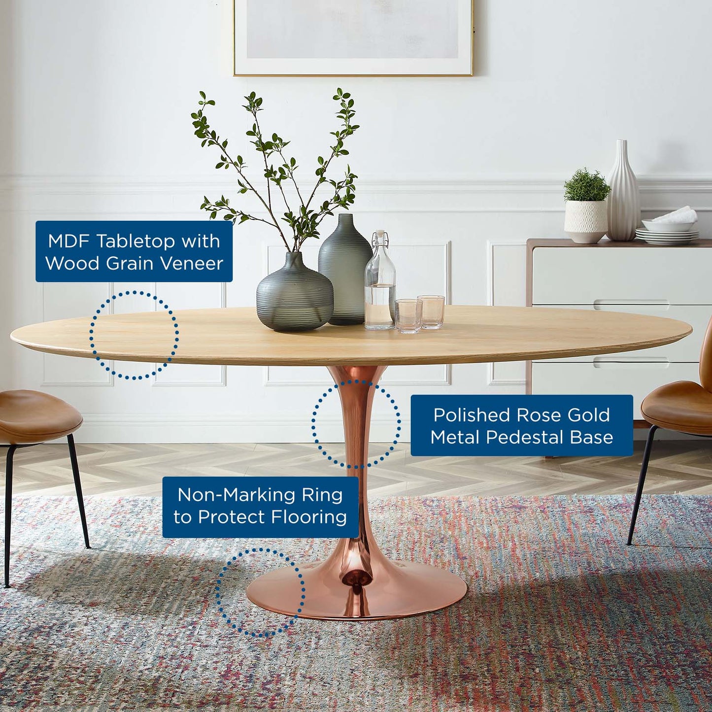 Lippa 78" Oval Wood Dining Table, Wood, Rose Gold Brown Natural, 20985