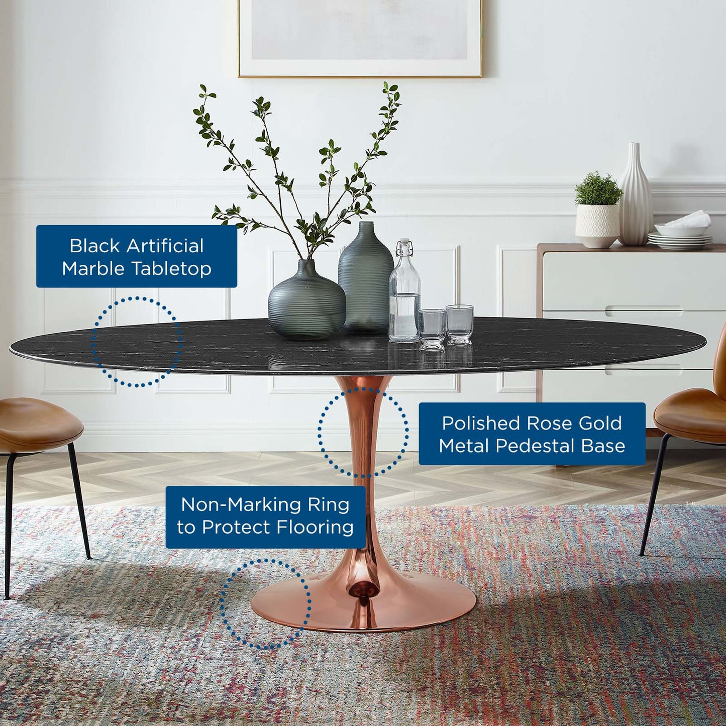 Lippa 78" Oval Artificial Marble Dining Table, Artificial Marble, Metal Steel, Rose Gold Black, 20986