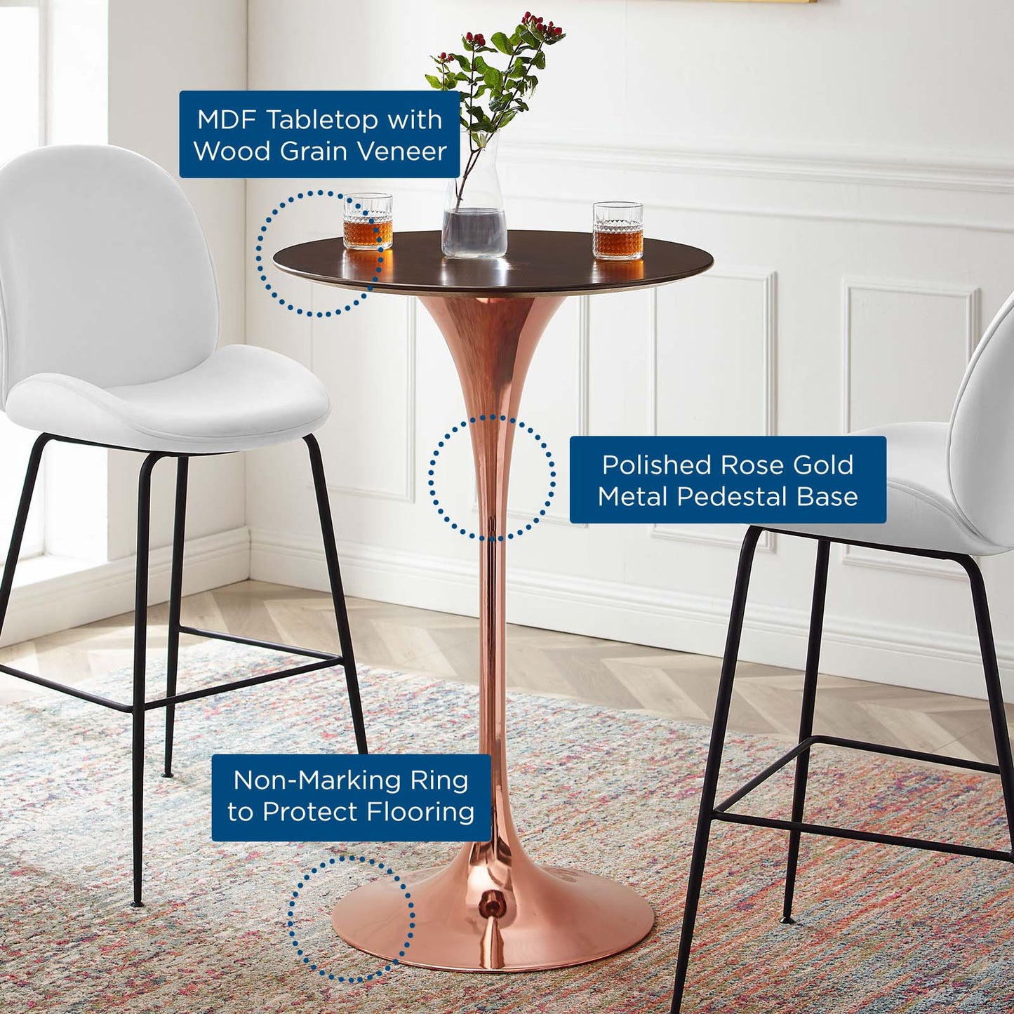 Lippa 28" Wood Bar Table, Wood, Metal Steel, Rose Gold Dark Brown Brown Walnut, 20987