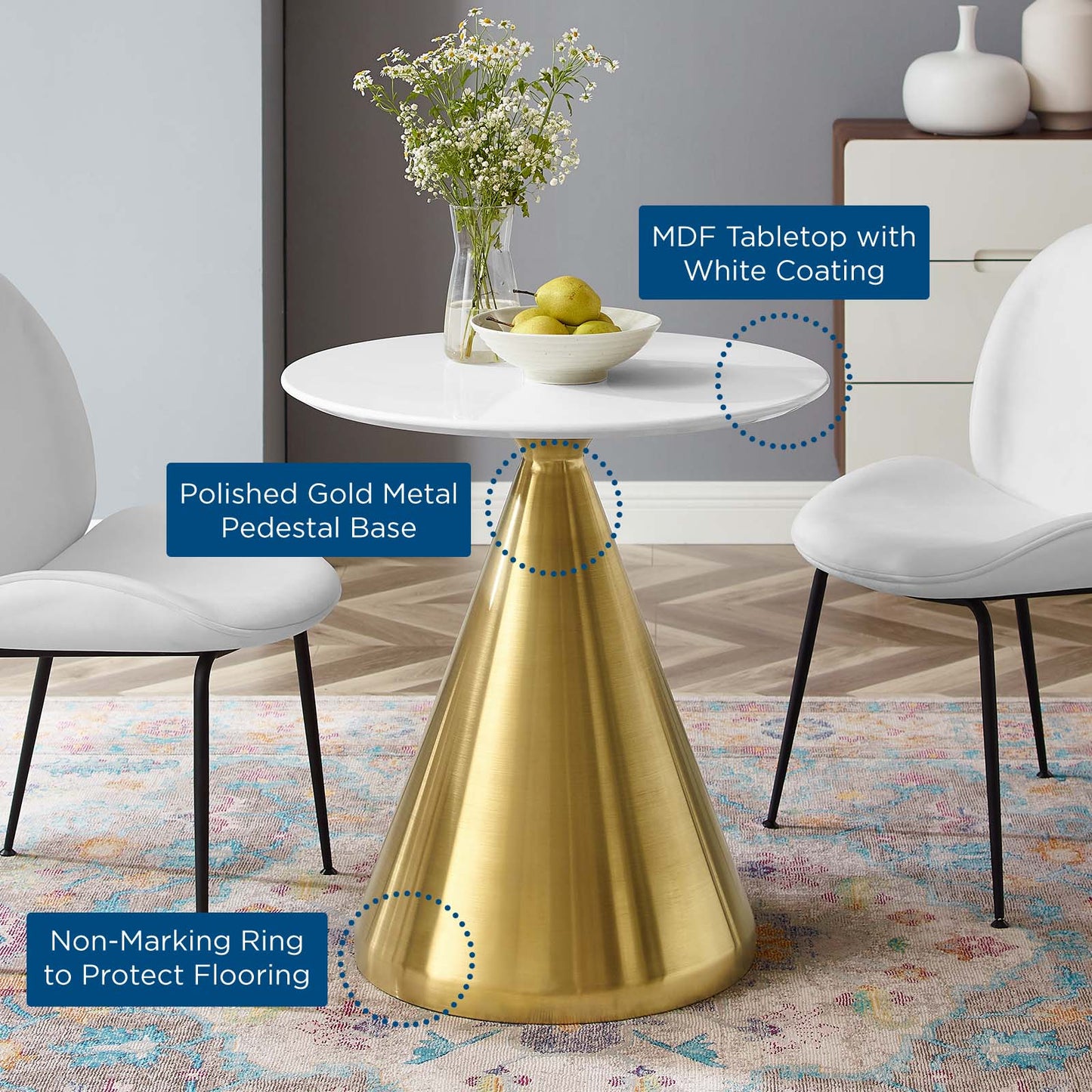 Tupelo 28" Dining Table, Wood, Metal Steel, Gold White, 20992