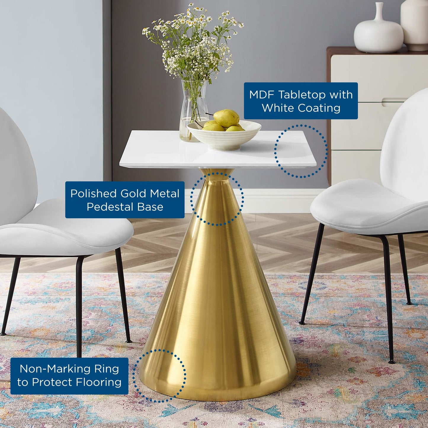 Tupelo 24" Square Dining Table, Wood, Metal Steel, Gold White, 20994