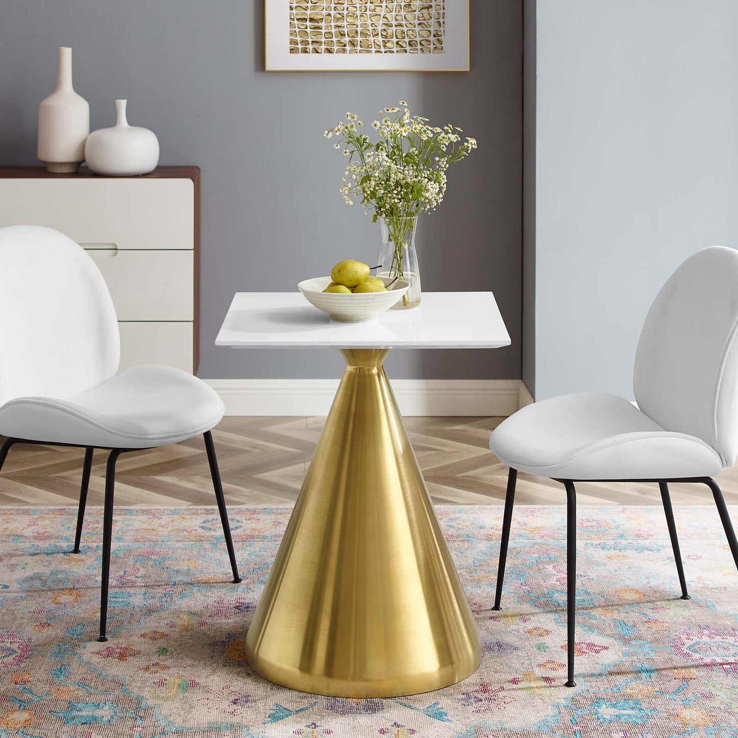 Tupelo 24" Square Dining Table, Wood, Metal Steel, Gold White, 20994