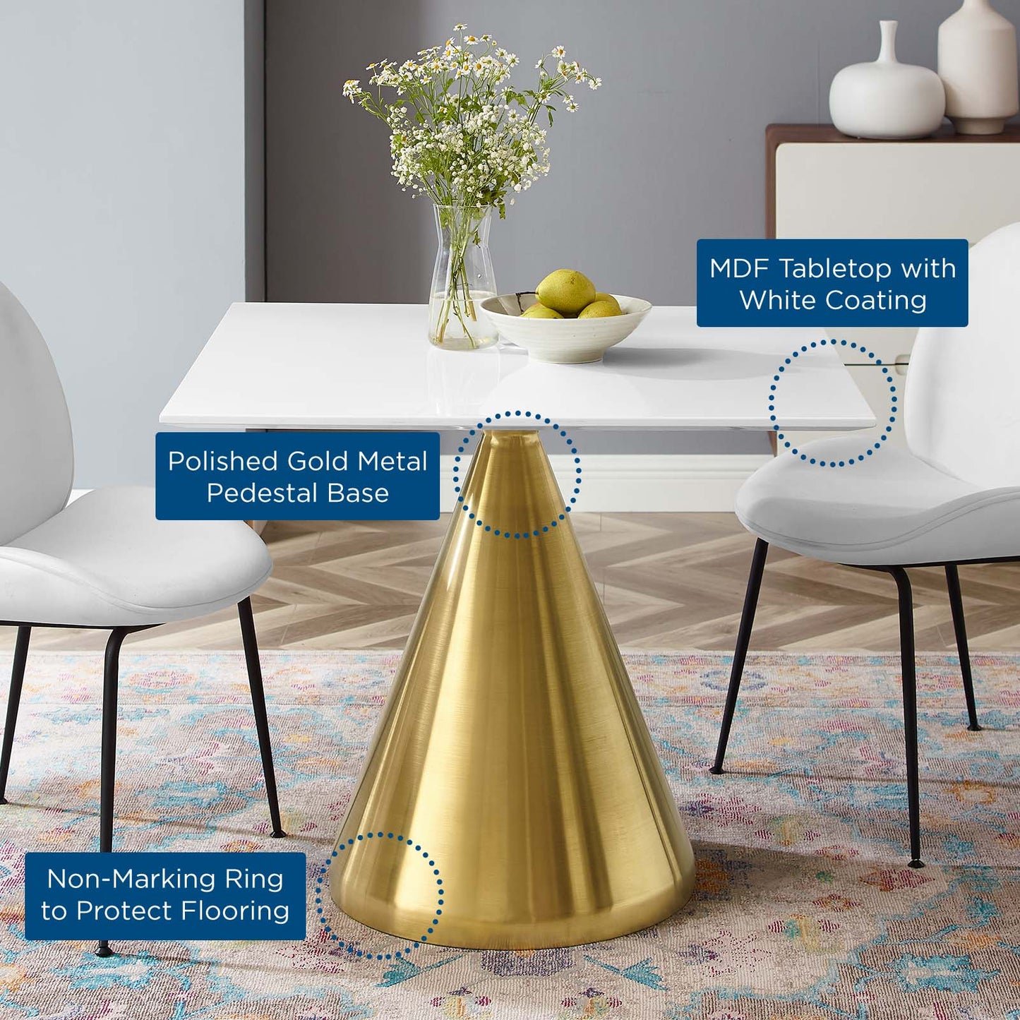 Tupelo 36" Square Dining Table, Wood, Metal Steel, Gold White, 20996
