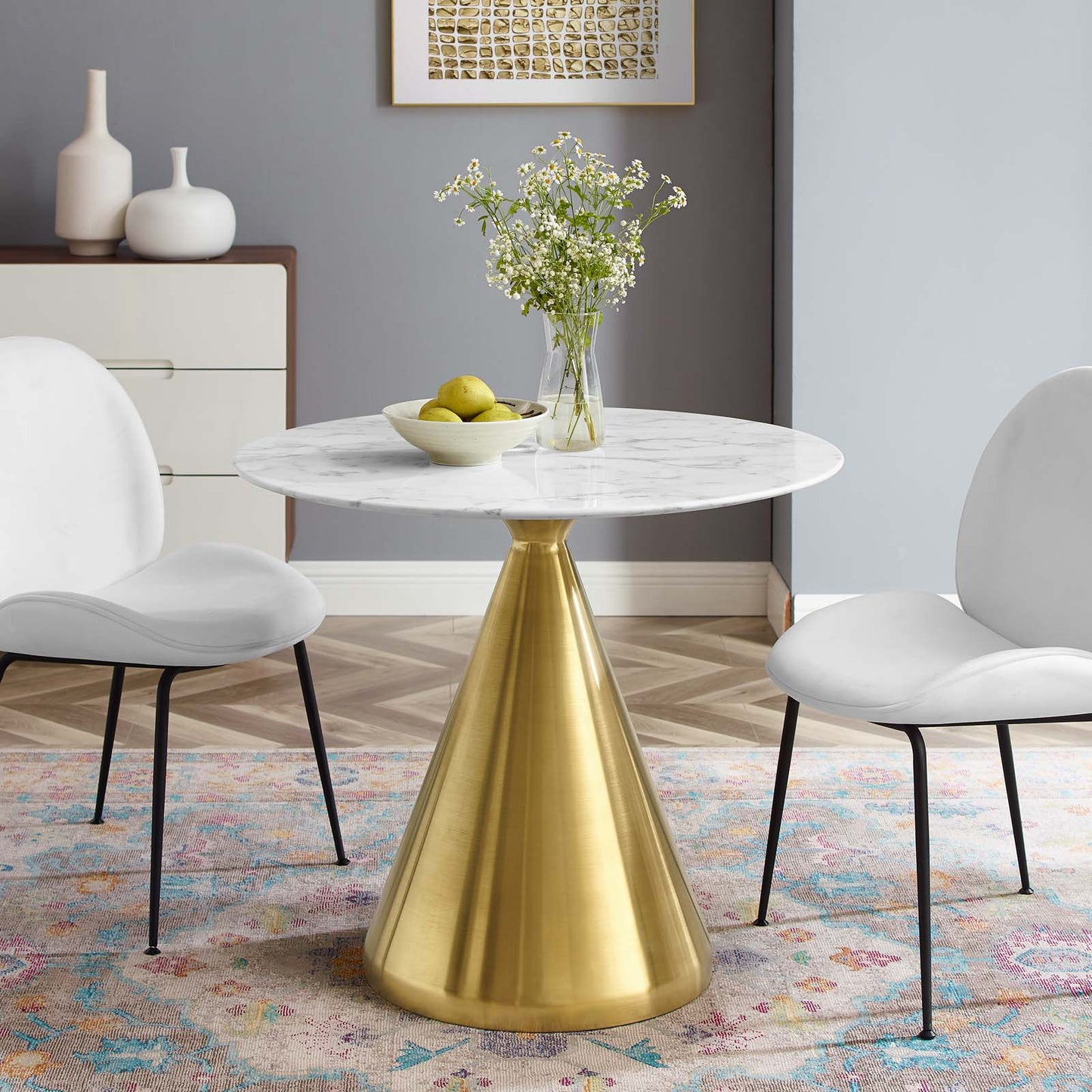 Tupelo 36" Artificial Marble Dining Table, Artificial Marble, Metal Steel, Gold White, 20998