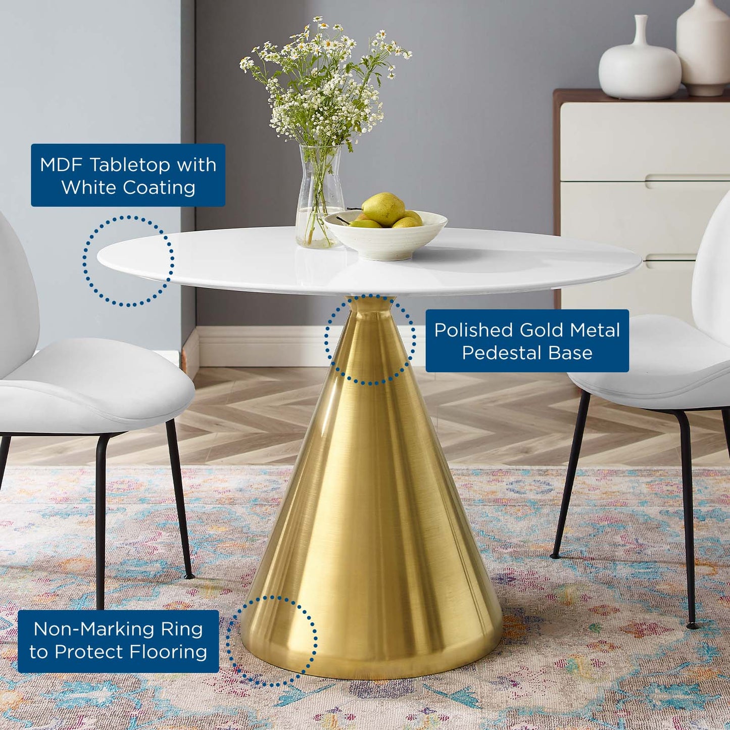 Tupelo 42" Oval Dining Table, Wood, Metal Steel, Gold White, 21000