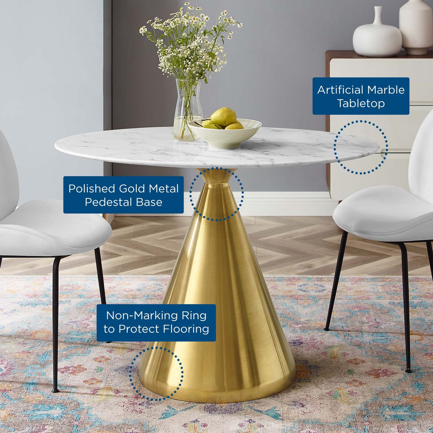 Tupelo 42" Oval Artificial Marble Dining Table, Artificial Marble, Metal Steel, Gold White, 21001