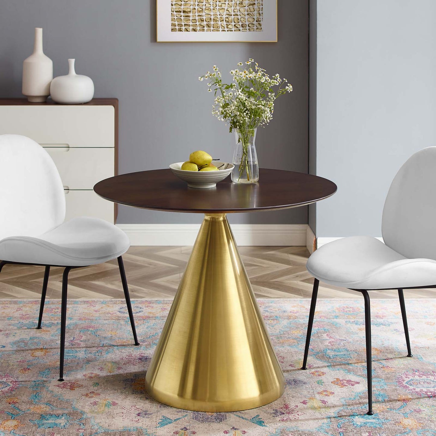 Tupelo 36" Dining Table, Wood, Metal Steel, Gold Dark Brown Brown Walnut, 21004
