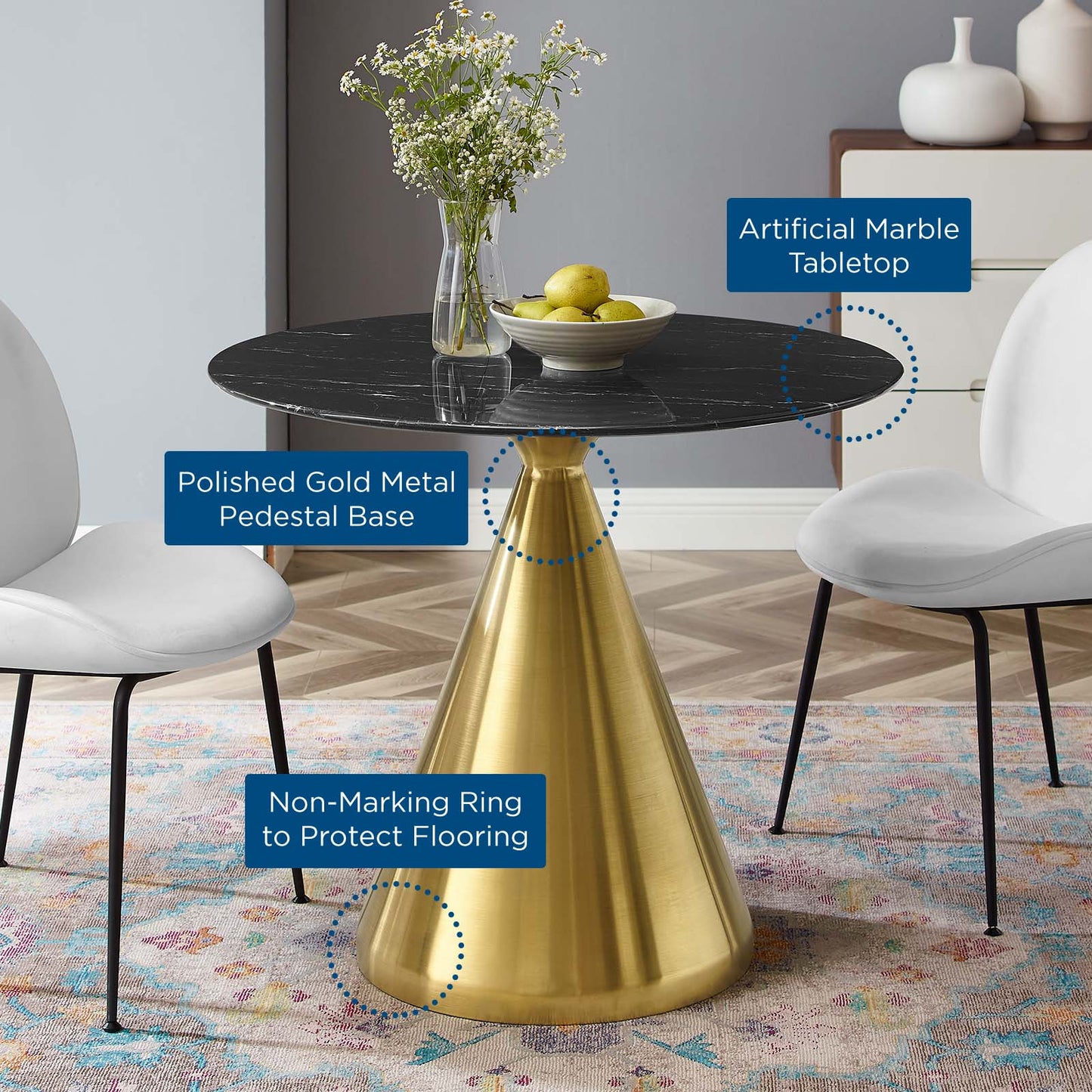 Tupelo 36" Artificial Marble Dining Table, Artificial Marble, Metal Steel, Gold Black, 21007
