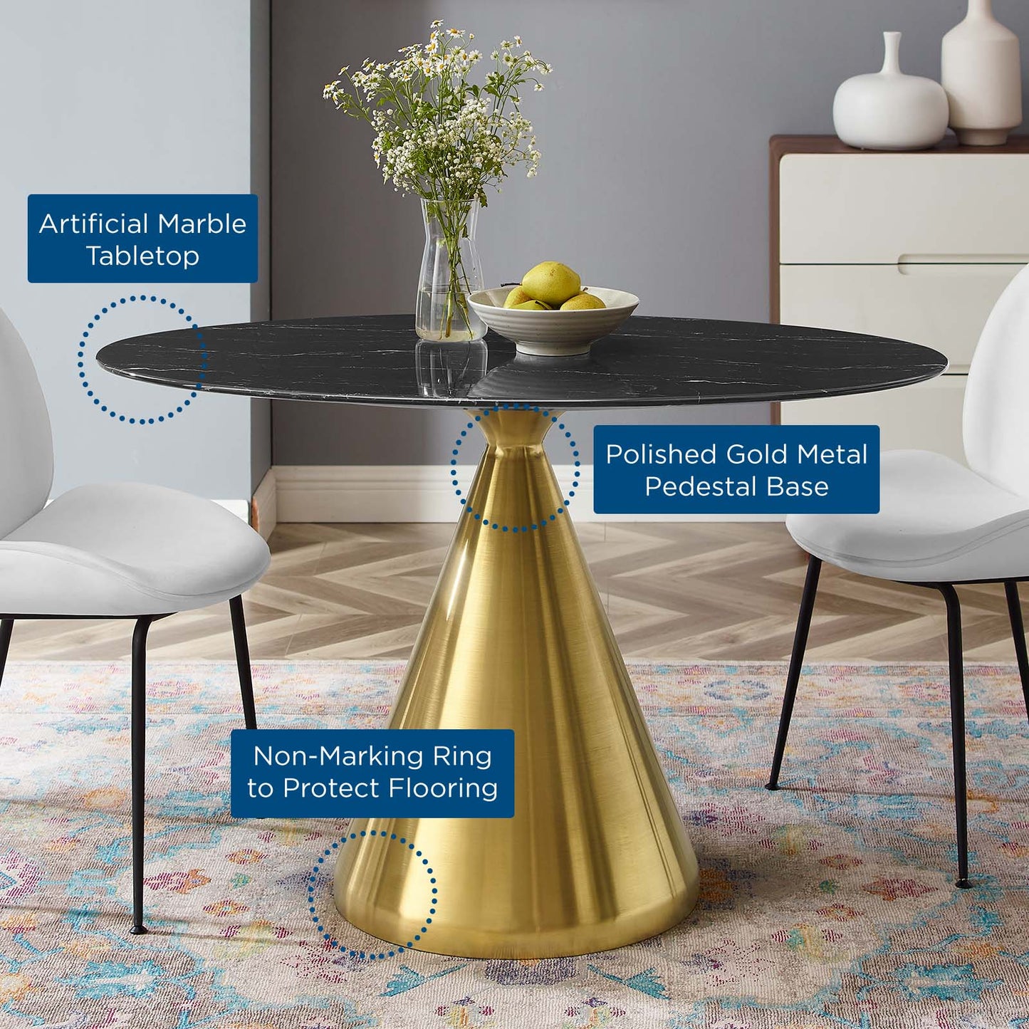 Tupelo 48" Oval Artificial Marble Dining Table, Artificial Marble, Metal Steel, Gold Black, 21009