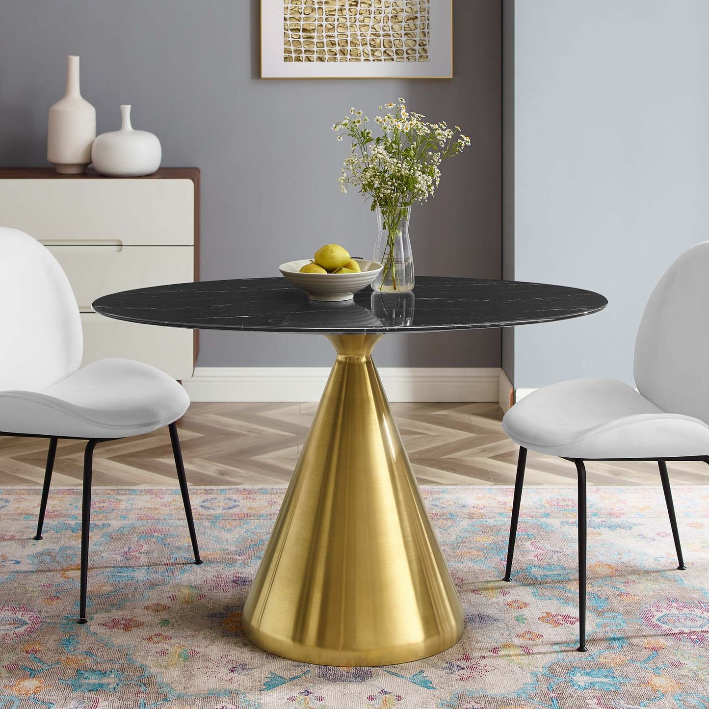 Tupelo 48" Oval Artificial Marble Dining Table, Artificial Marble, Metal Steel, Gold Black, 21009