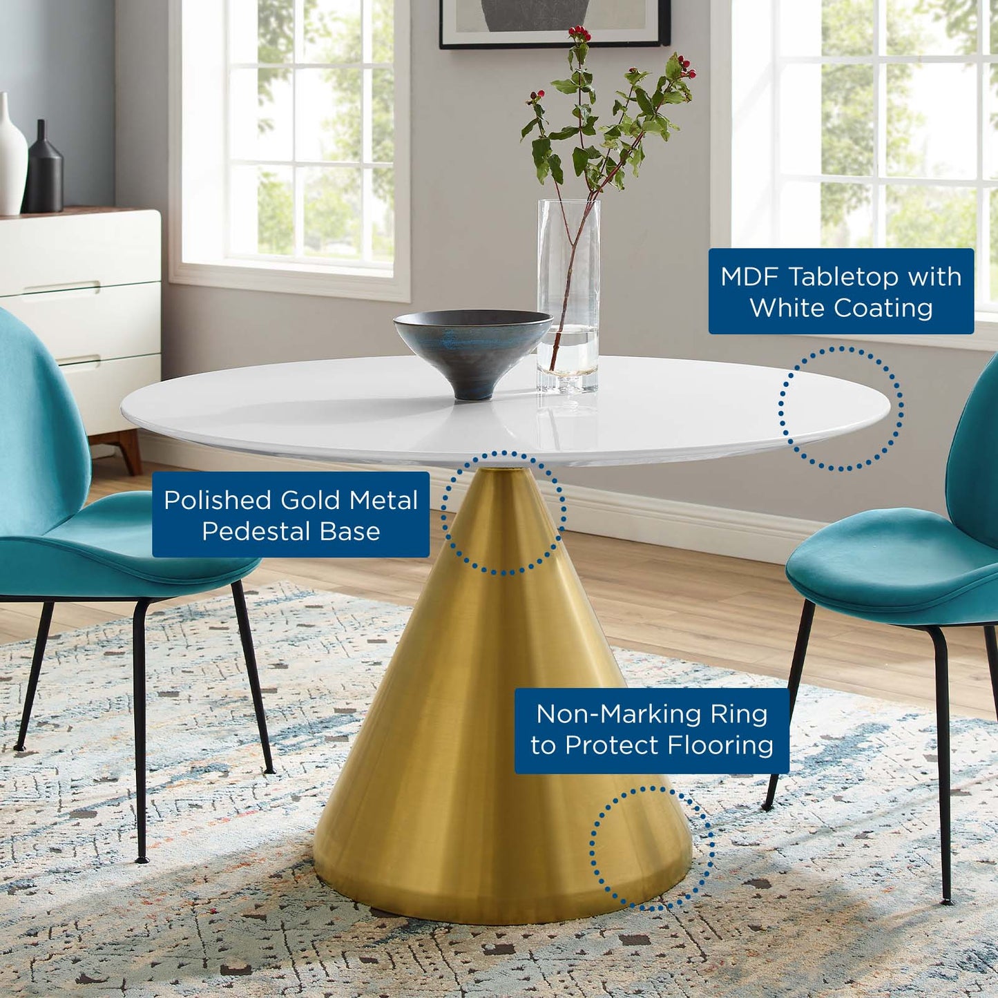 Tupelo 47" Dining Table, Wood, Metal Steel, Gold White, 21011