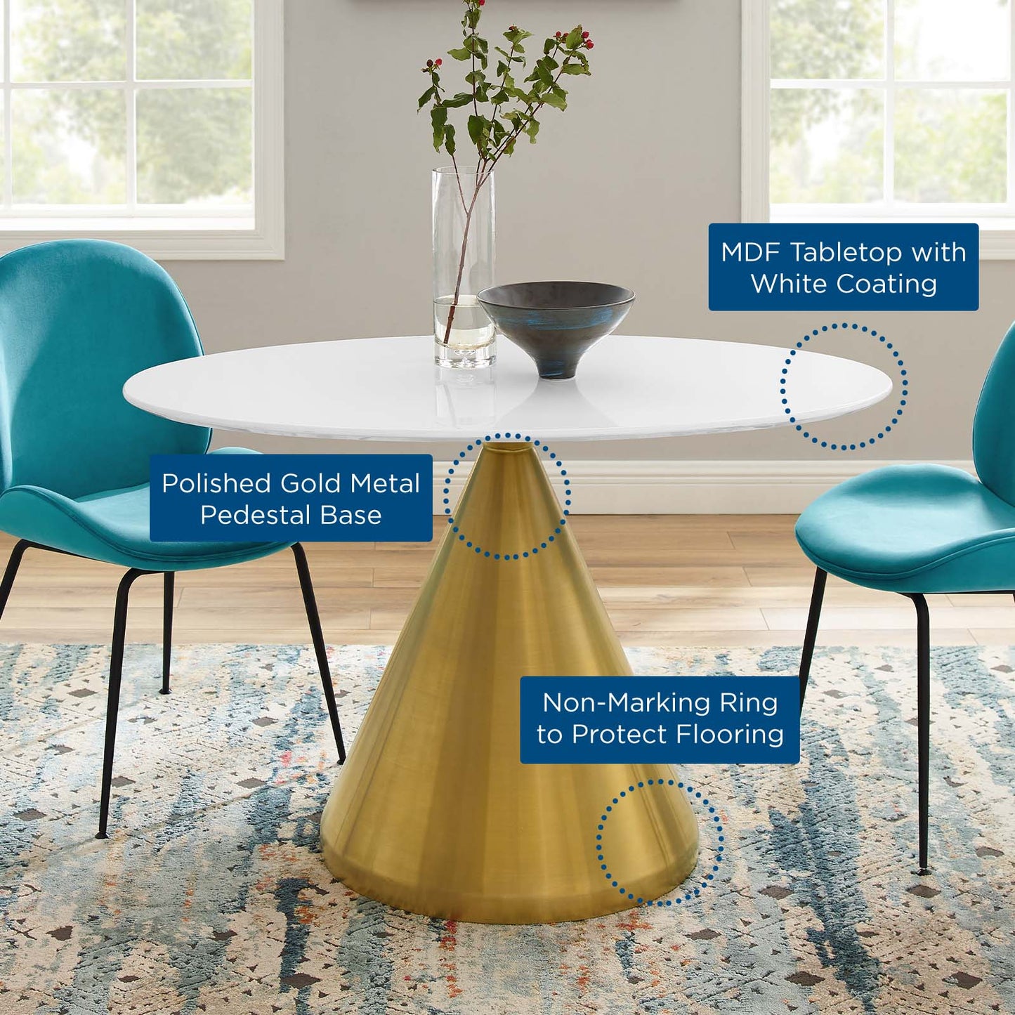 Tupelo 48" Oval Dining Table, Wood, Metal Steel, Gold White, 21016