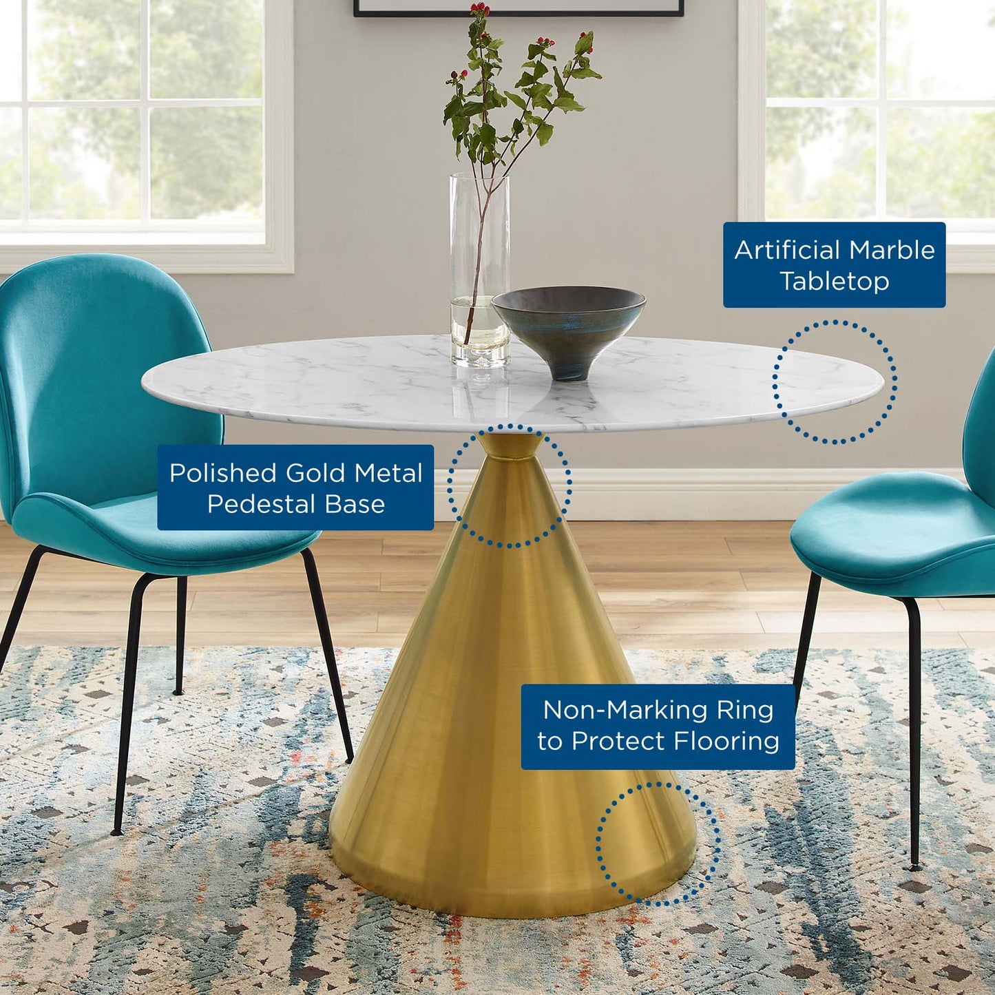 Tupelo 48" Oval Artificial Marble Dining Table, Artificial Marble, Metal Steel, Gold White, 21018