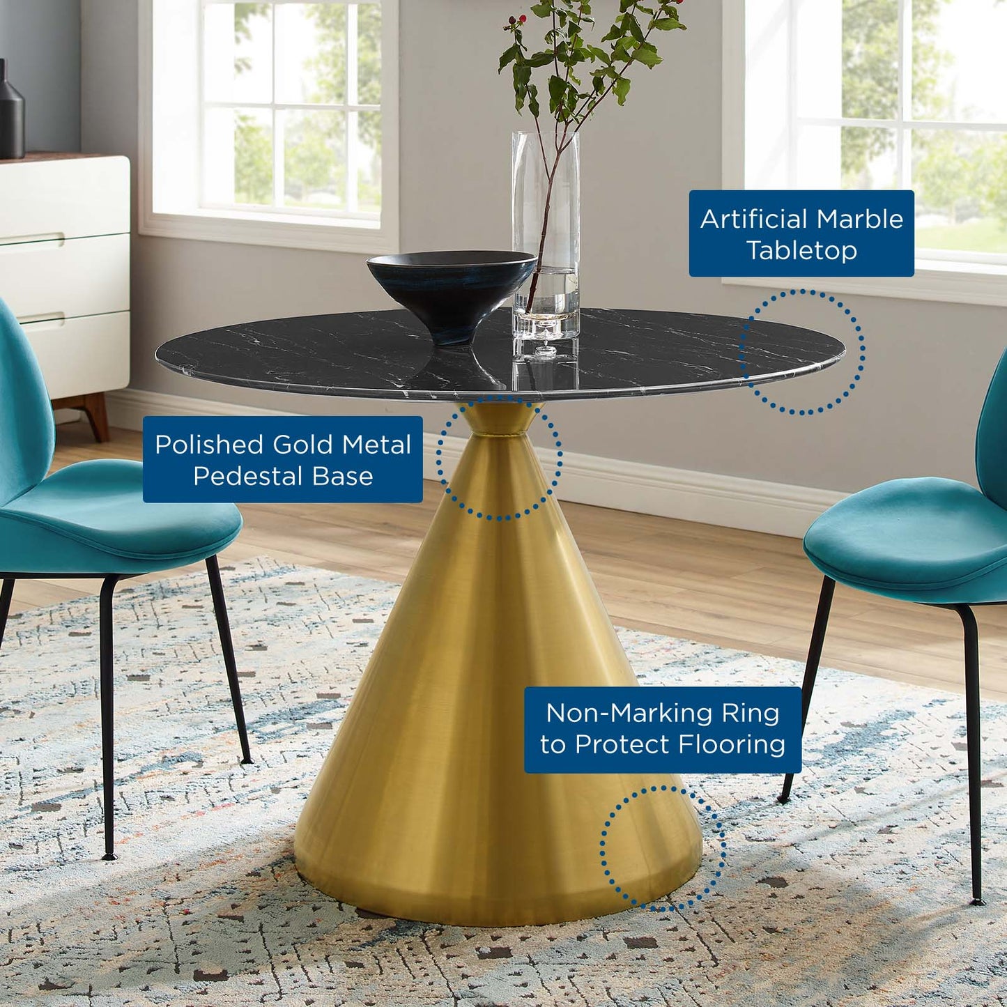 Tupelo 40" Artificial Marble Dining Table, Artificial Marble, Metal Steel, Gold Black, 21023