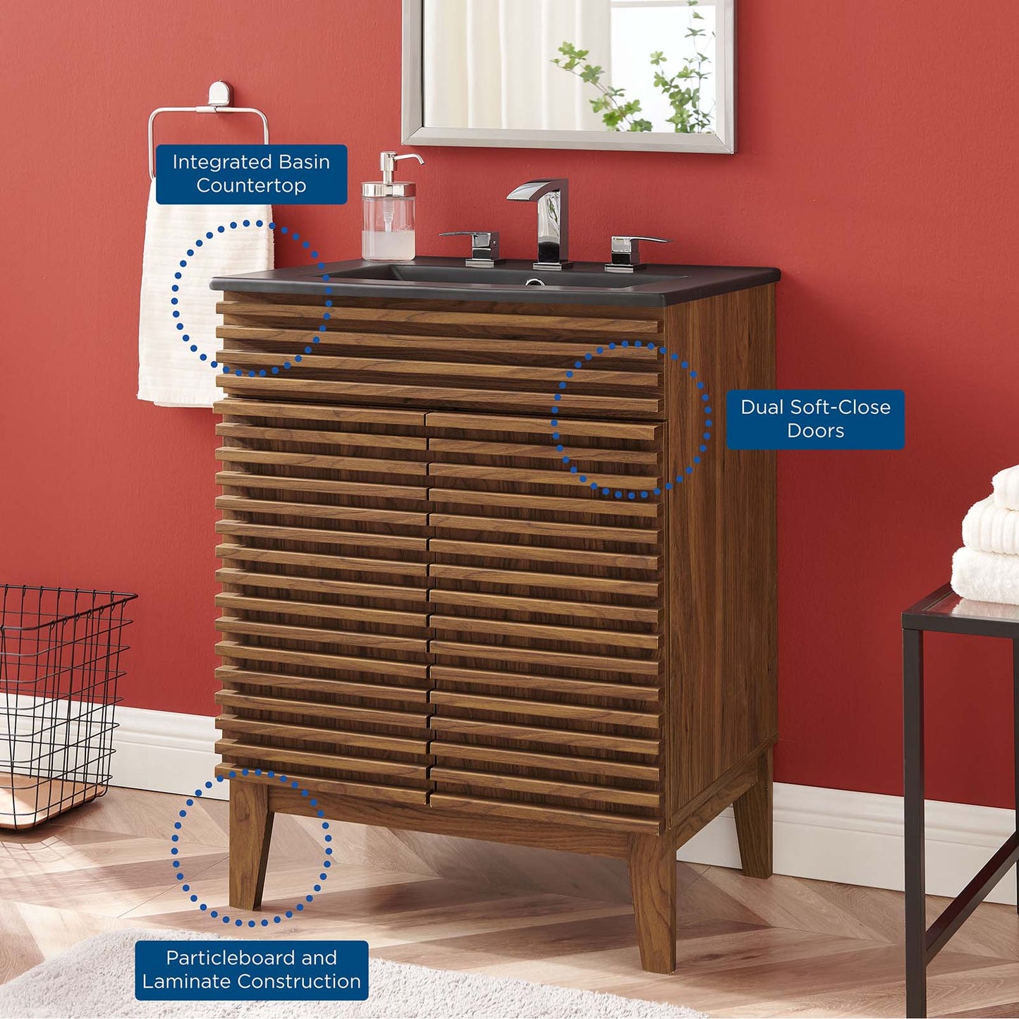 Render 24" Bathroom Vanity, Wood, Brown Walnut Black, 21027