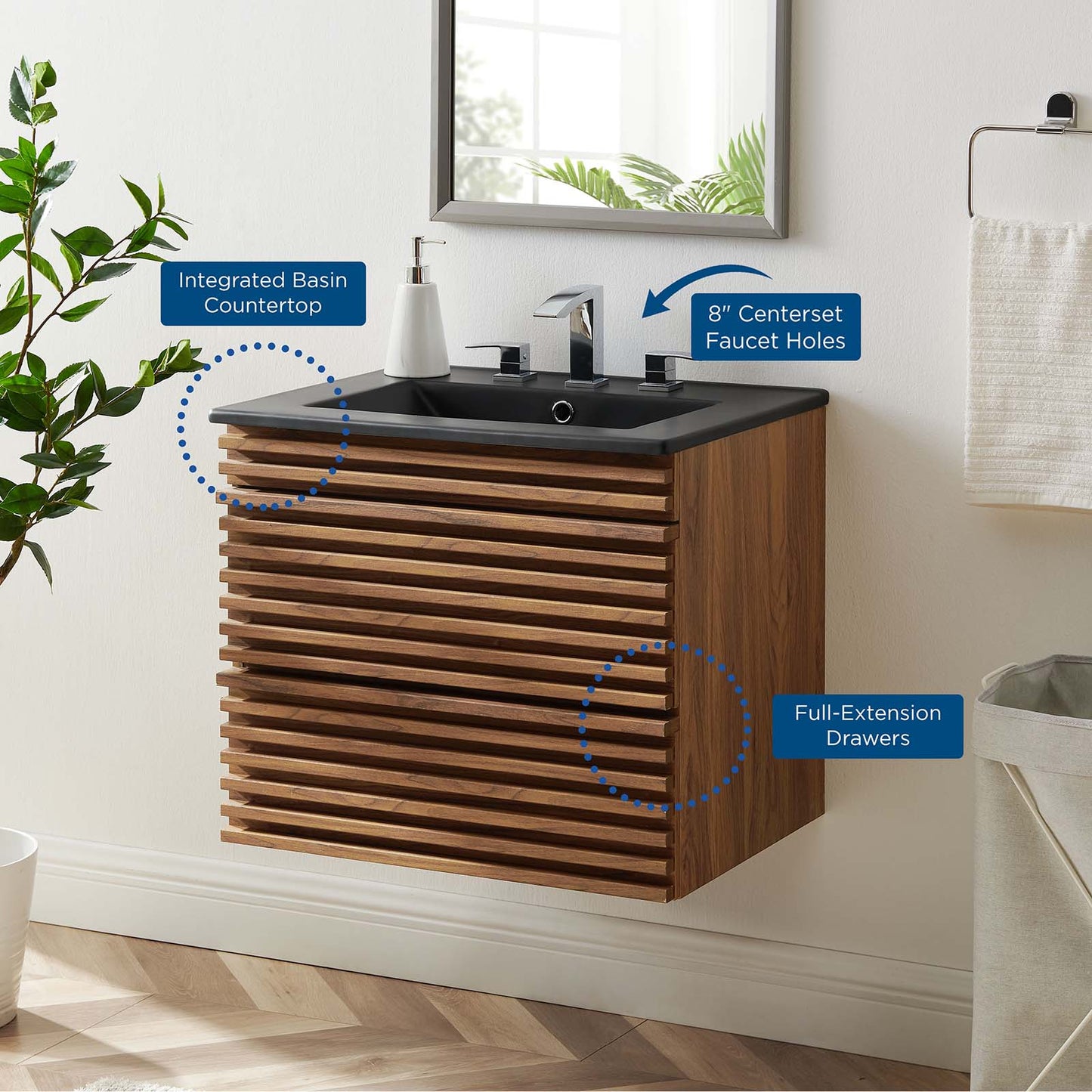 Render 24" Wall-Mount Bathroom Vanity, Wood, Brown Walnut Black, 21039