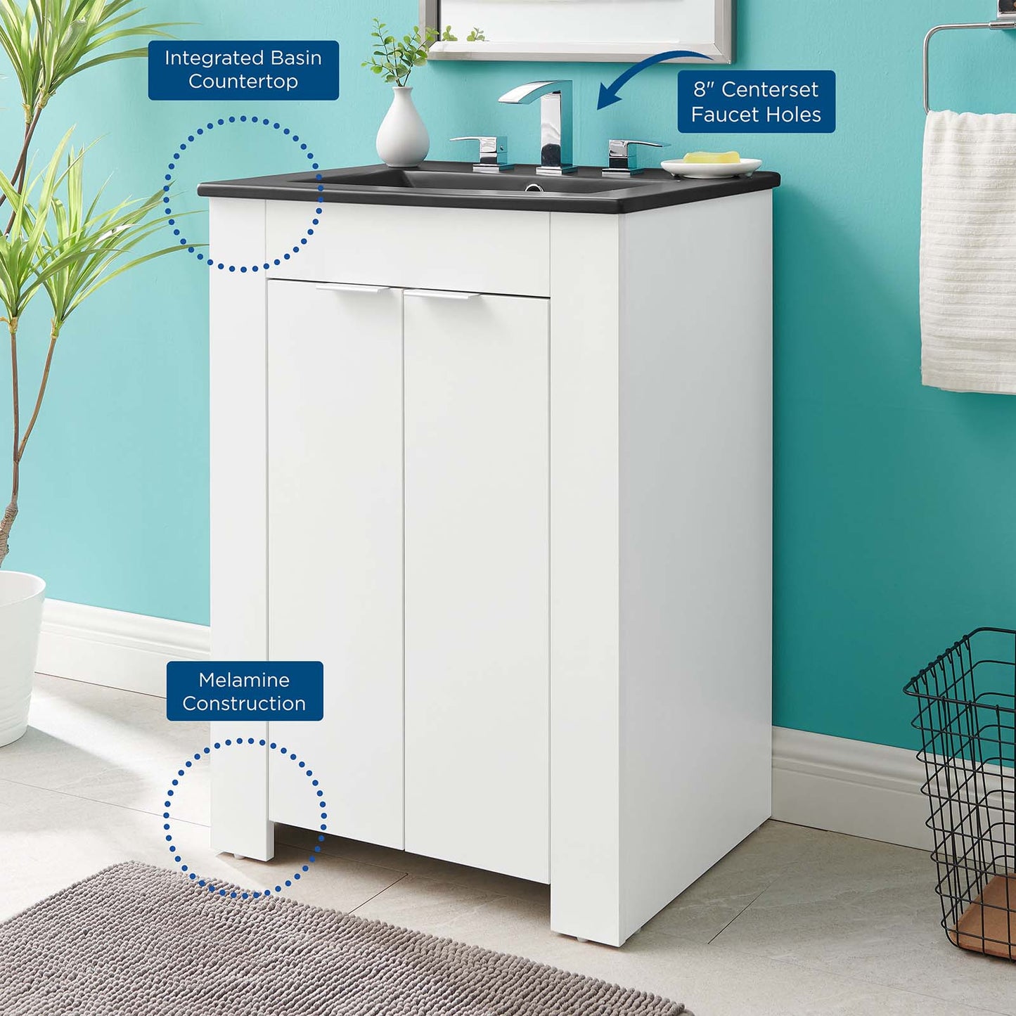 Maybelle 24" Bathroom Vanity, Melamine, White Black, 21044