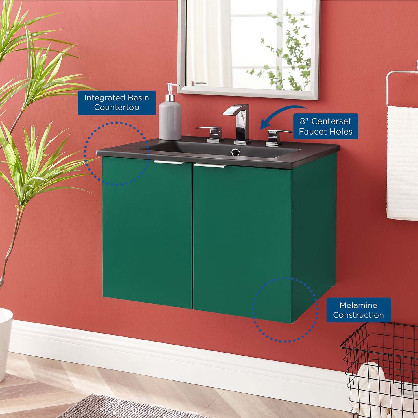 Maybelle 24" Wall-Mount Bathroom Vanity, Melamine, Green Black, 23121