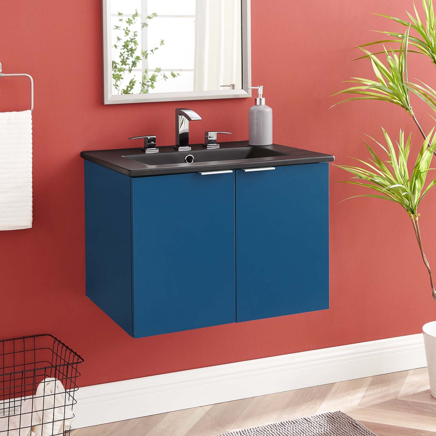 Maybelle 24" Wall-Mount Bathroom Vanity, Melamine, Blue Navy Black, 23123