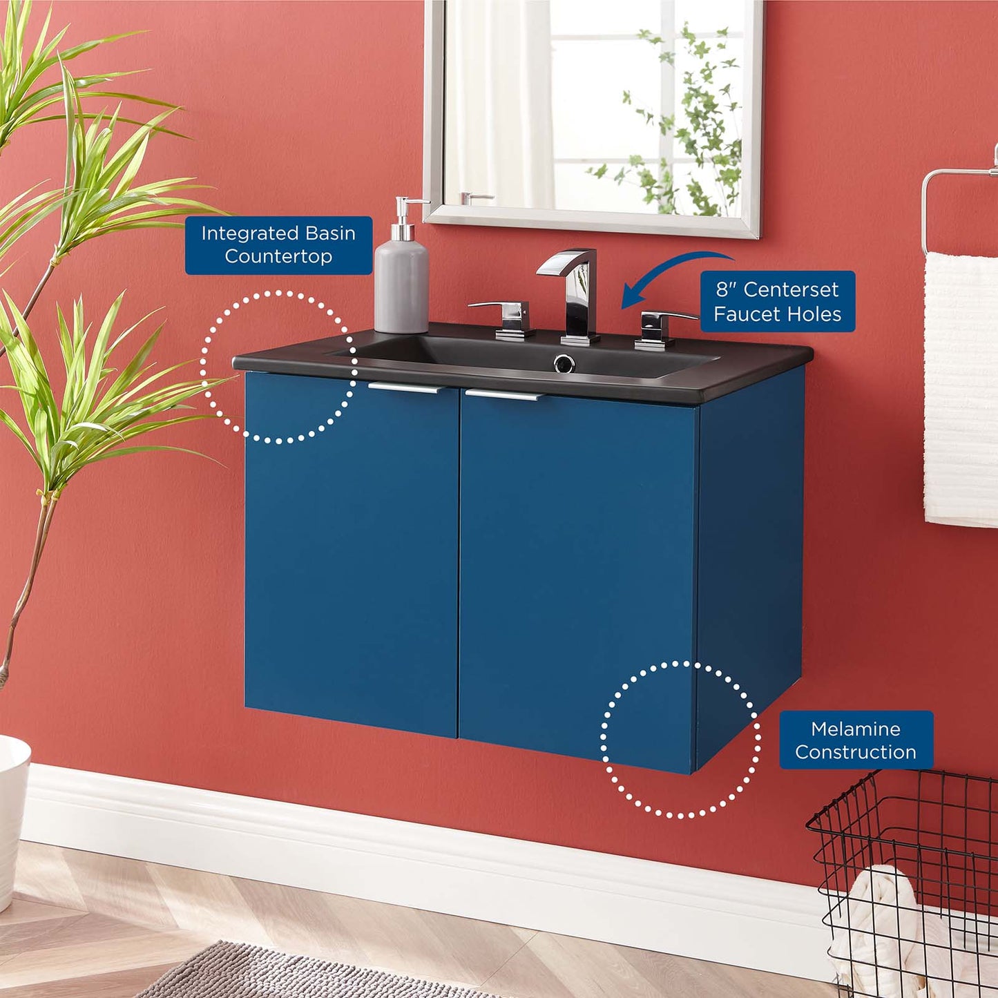 Maybelle 24" Wall-Mount Bathroom Vanity, Melamine, Blue Navy Black, 23123